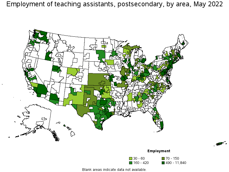 Map of employment of teaching assistants, postsecondary by area, May 2022