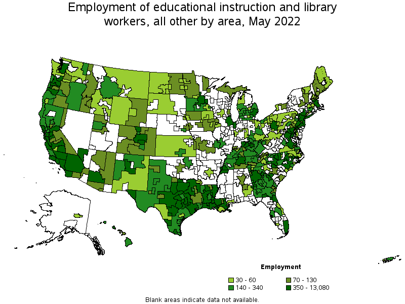 Map of employment of educational instruction and library workers, all other by area, May 2022
