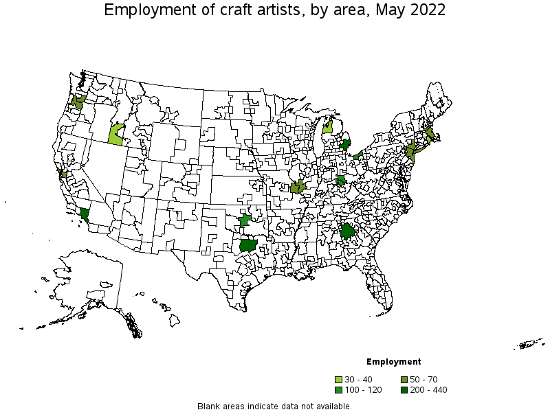 Map of employment of craft artists by area, May 2022