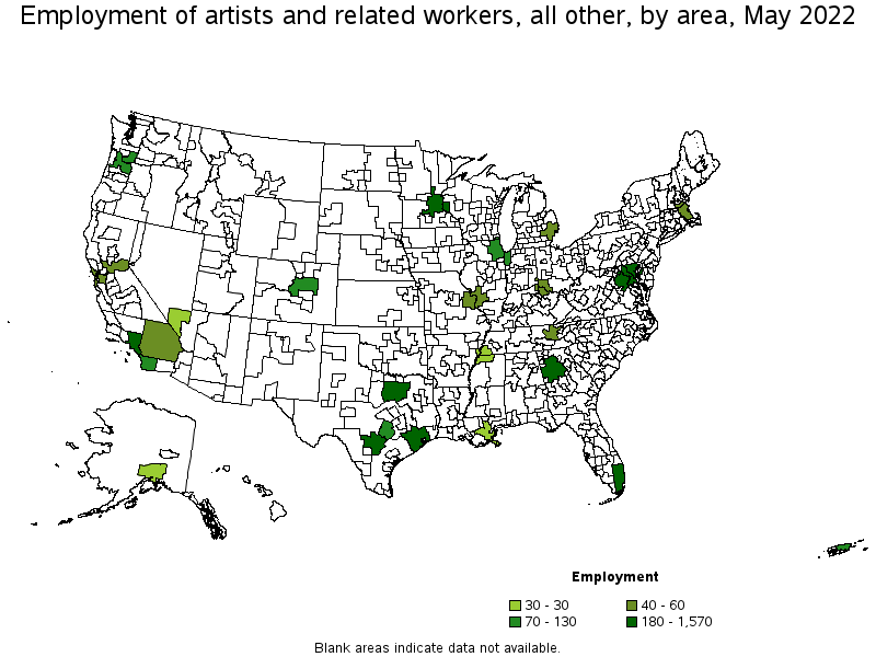 Map of employment of artists and related workers, all other by area, May 2022