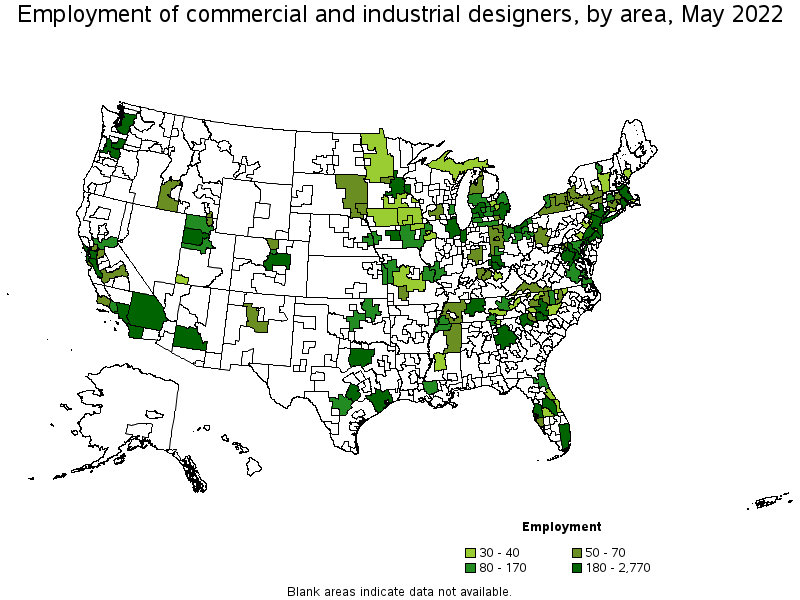 Map of employment of commercial and industrial designers by area, May 2022