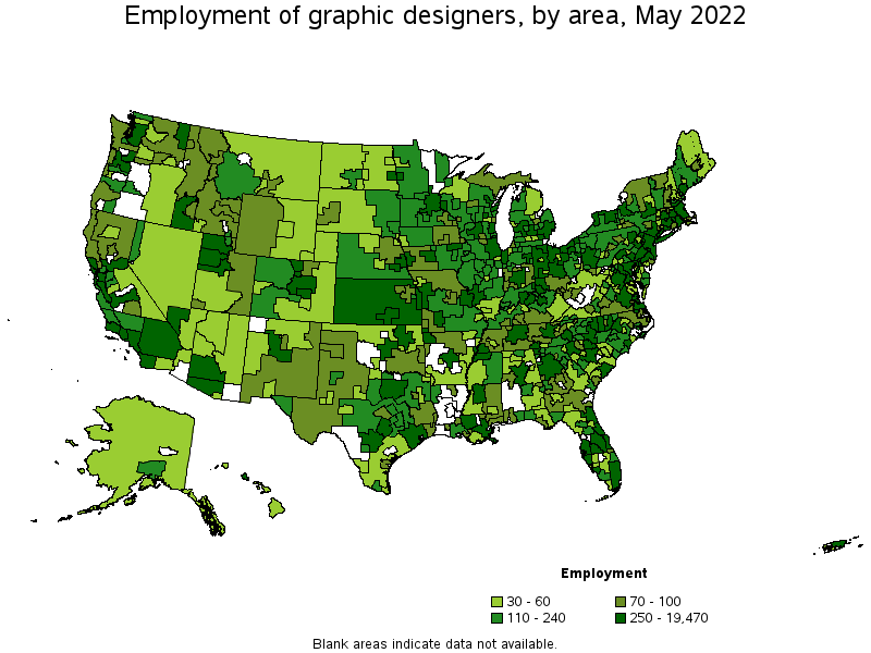 Map of employment of graphic designers by area, May 2022