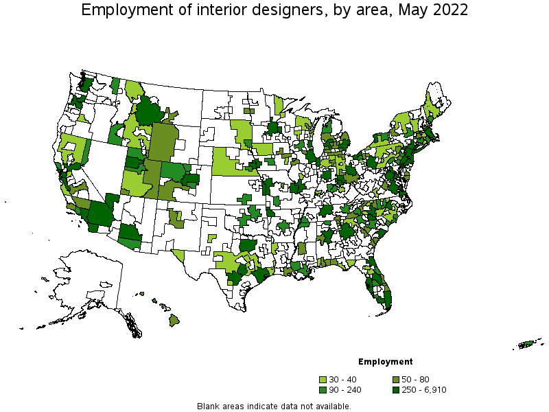Map of employment of interior designers by area, May 2022