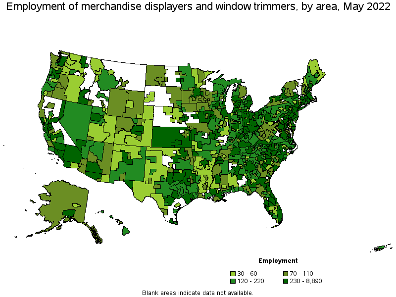 Map of employment of merchandise displayers and window trimmers by area, May 2022