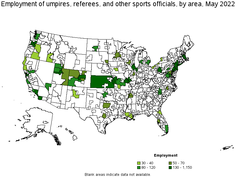 Map of employment of umpires, referees, and other sports officials by area, May 2022