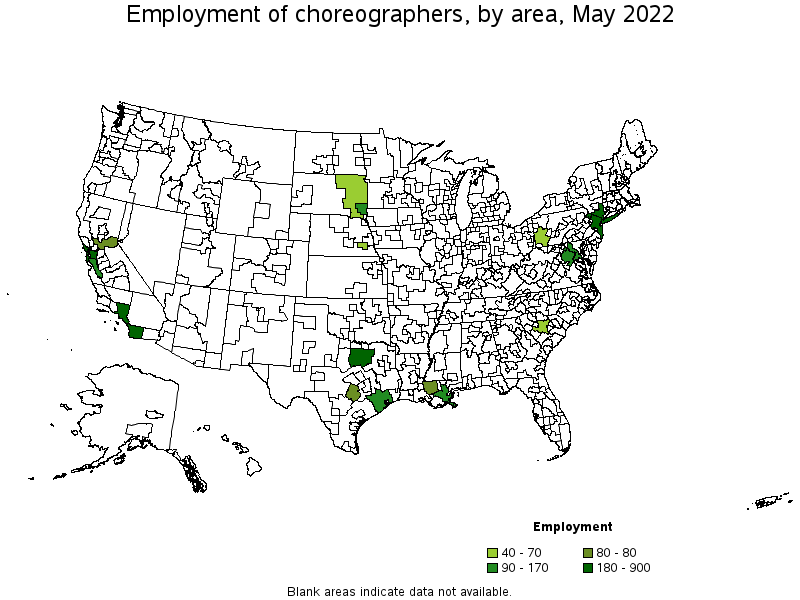 Map of employment of choreographers by area, May 2022