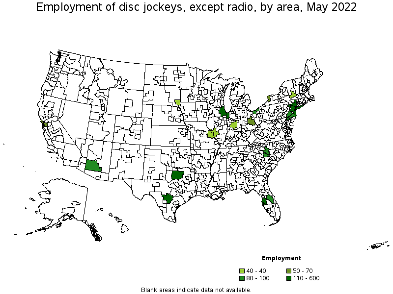 Map of employment of disc jockeys, except radio by area, May 2022