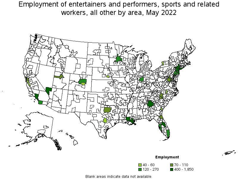 Map of employment of entertainers and performers, sports and related workers, all other by area, May 2022