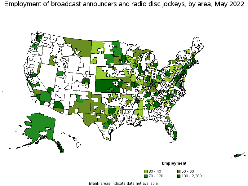 Map of employment of broadcast announcers and radio disc jockeys by area, May 2022