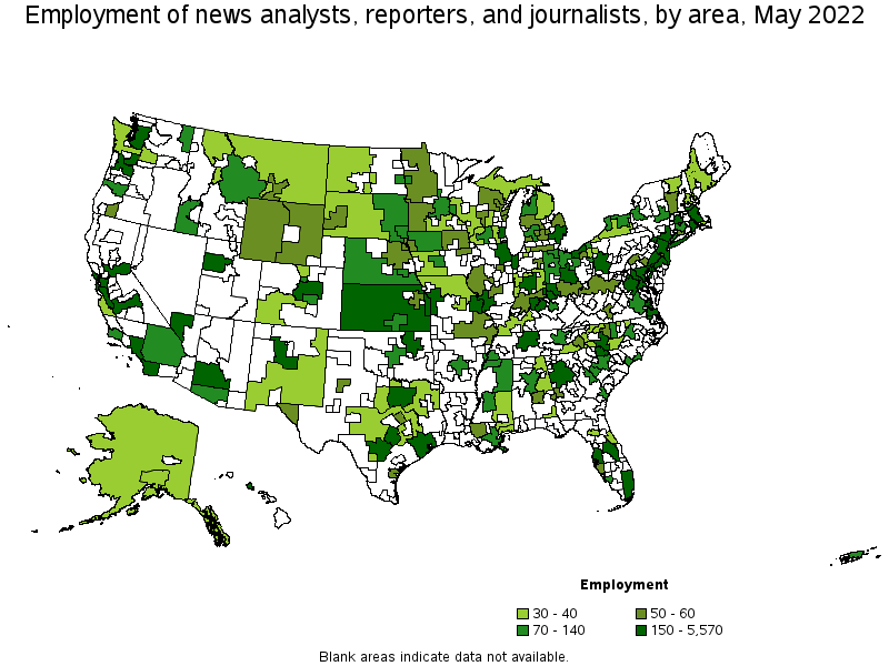 Map of employment of news analysts, reporters, and journalists by area, May 2022