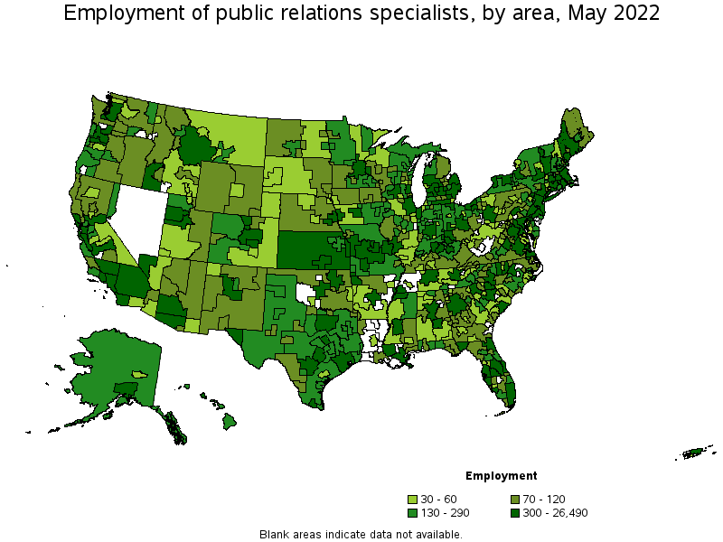 Map of employment of public relations specialists by area, May 2022