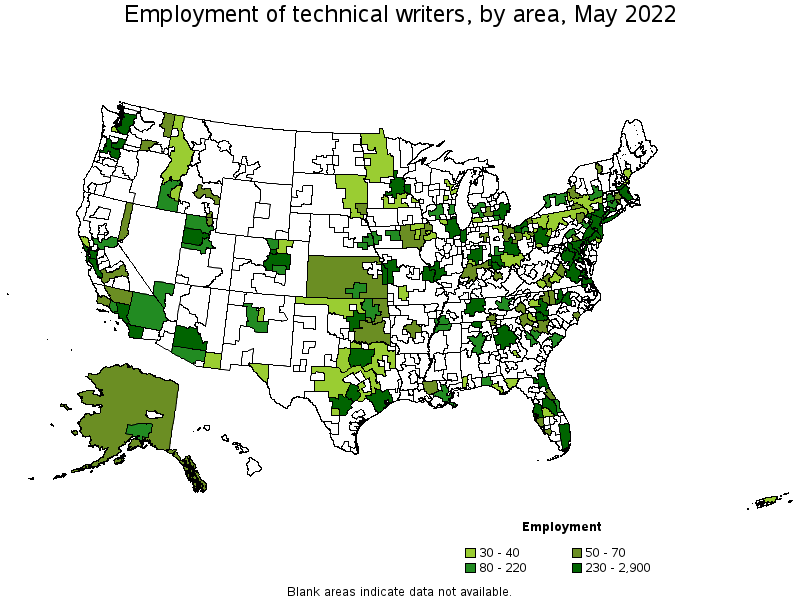 Map of employment of technical writers by area, May 2022