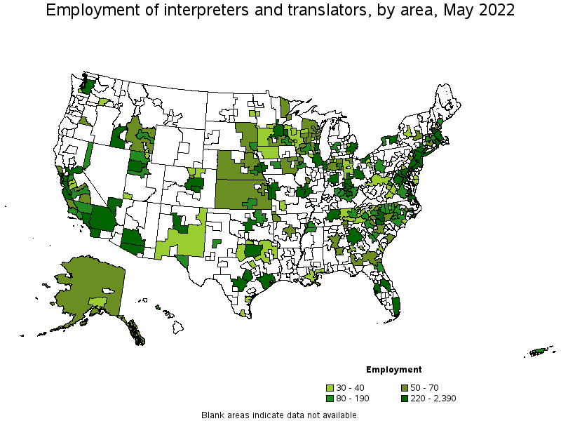 Map of employment of interpreters and translators by area, May 2022