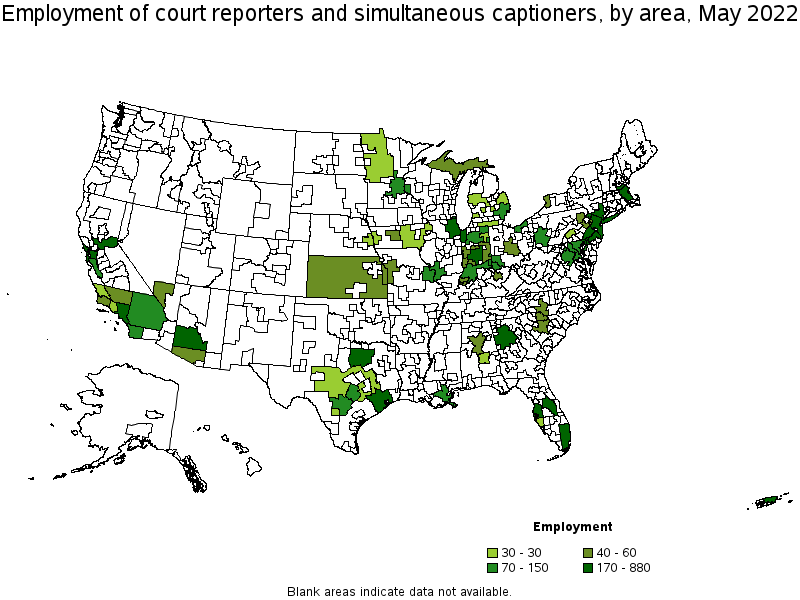 Map of employment of court reporters and simultaneous captioners by area, May 2022