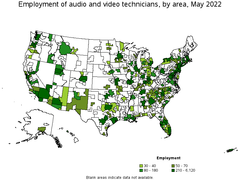 Map of employment of audio and video technicians by area, May 2022