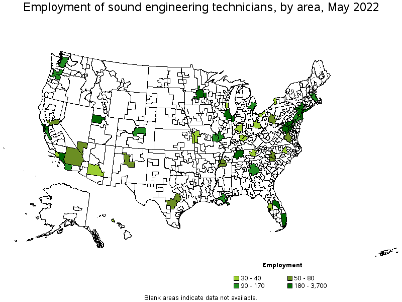 Map of employment of sound engineering technicians by area, May 2022