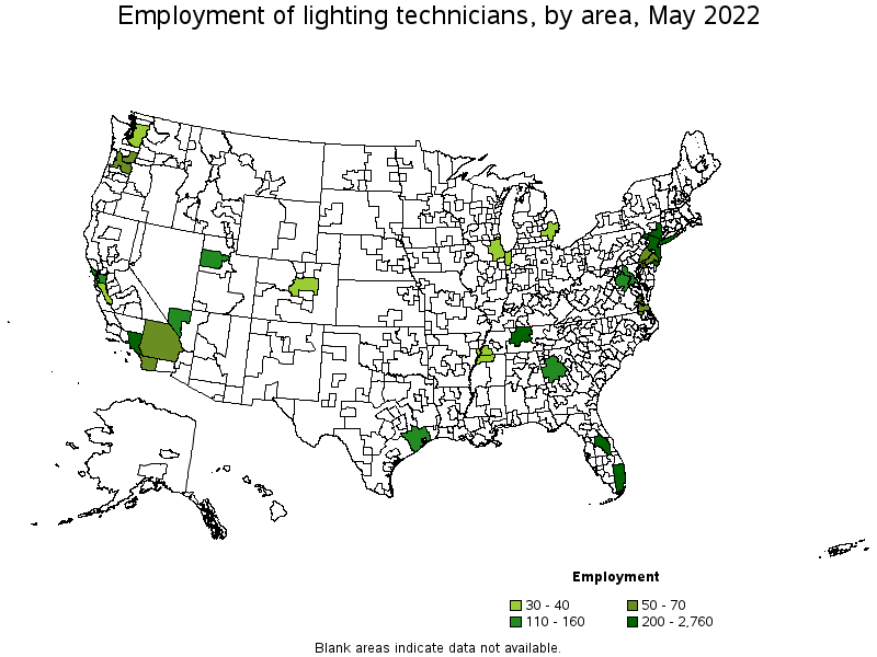 Map of employment of lighting technicians by area, May 2022