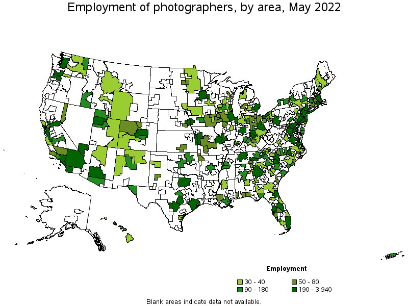 Map of employment of photographers by area, May 2022