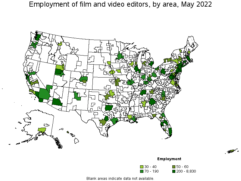 Map of employment of film and video editors by area, May 2022