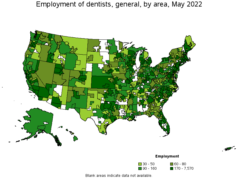 Map of employment of dentists, general by area, May 2022