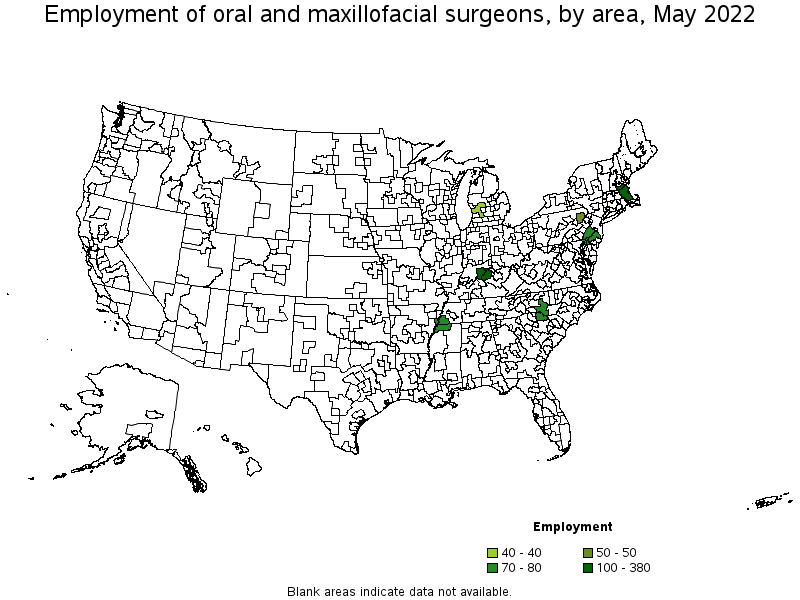 Map of employment of oral and maxillofacial surgeons by area, May 2022