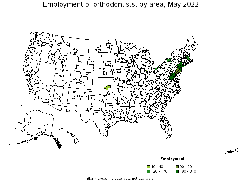 Map of employment of orthodontists by area, May 2022