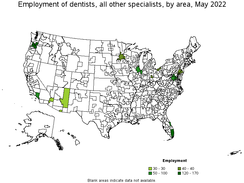 Map of employment of dentists, all other specialists by area, May 2022