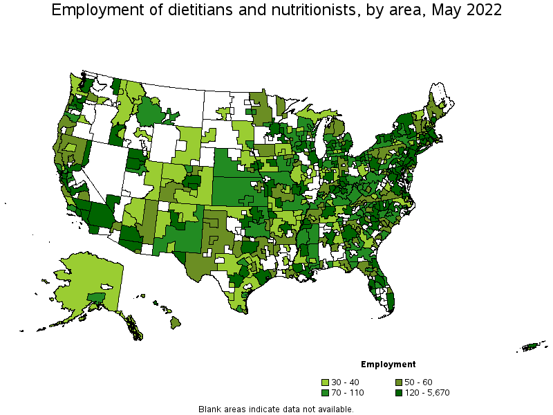 Map of employment of dietitians and nutritionists by area, May 2022
