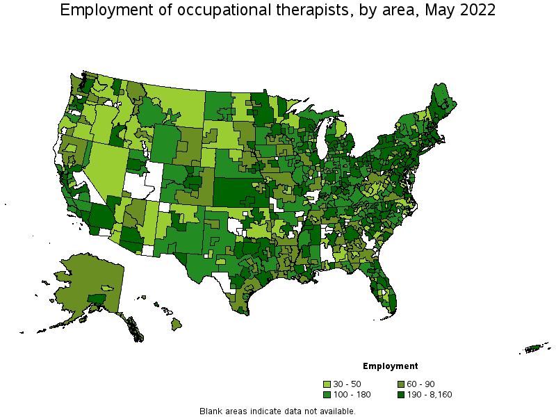 Map of employment of occupational therapists by area, May 2022