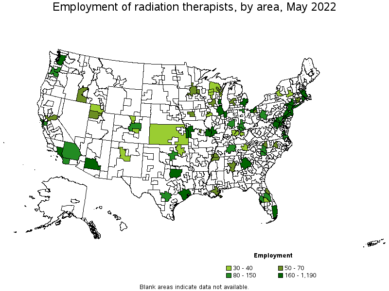 Map of employment of radiation therapists by area, May 2022