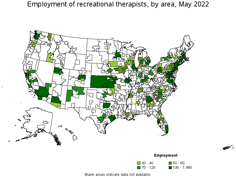 Map of employment of recreational therapists by area, May 2022