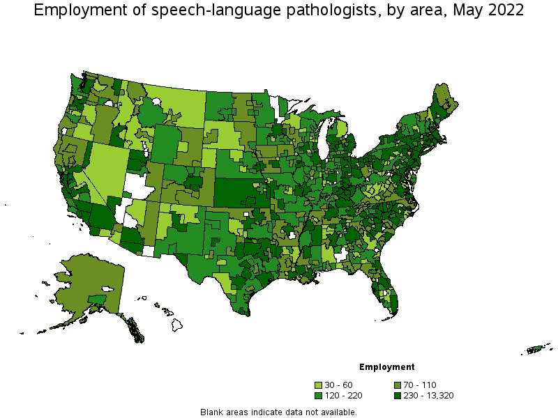 Map of employment of speech-language pathologists by area, May 2022