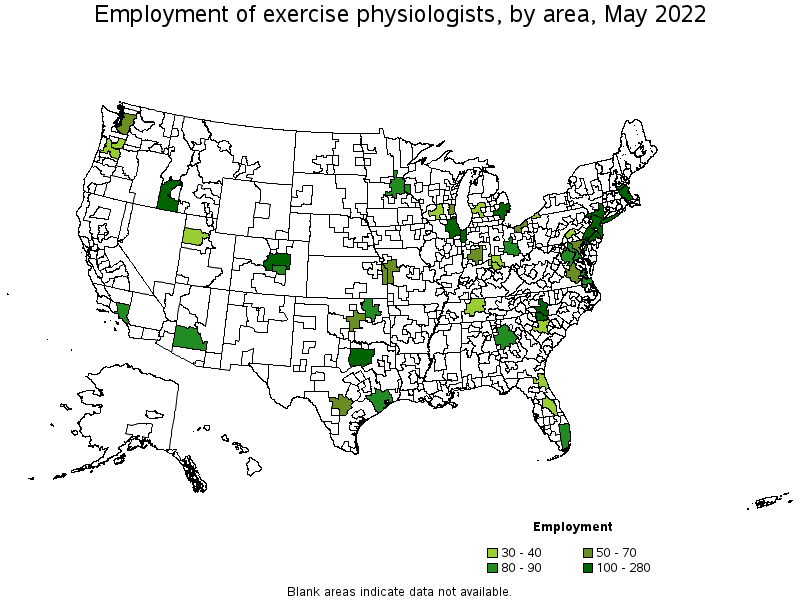 Map of employment of exercise physiologists by area, May 2022