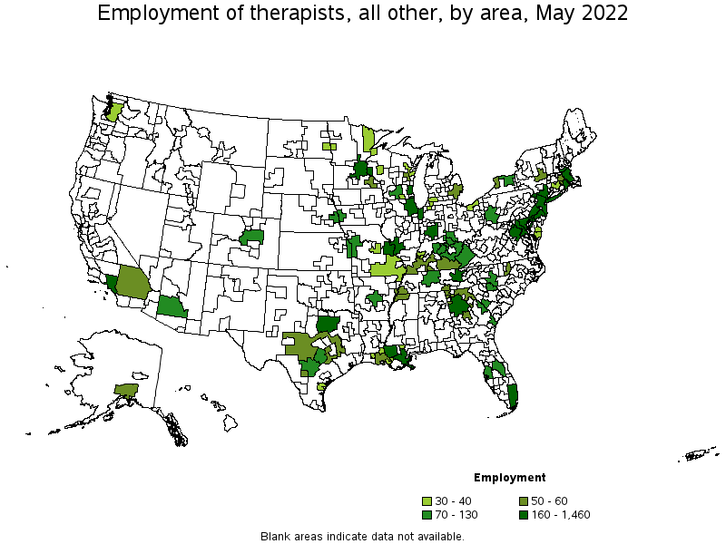 Map of employment of therapists, all other by area, May 2022