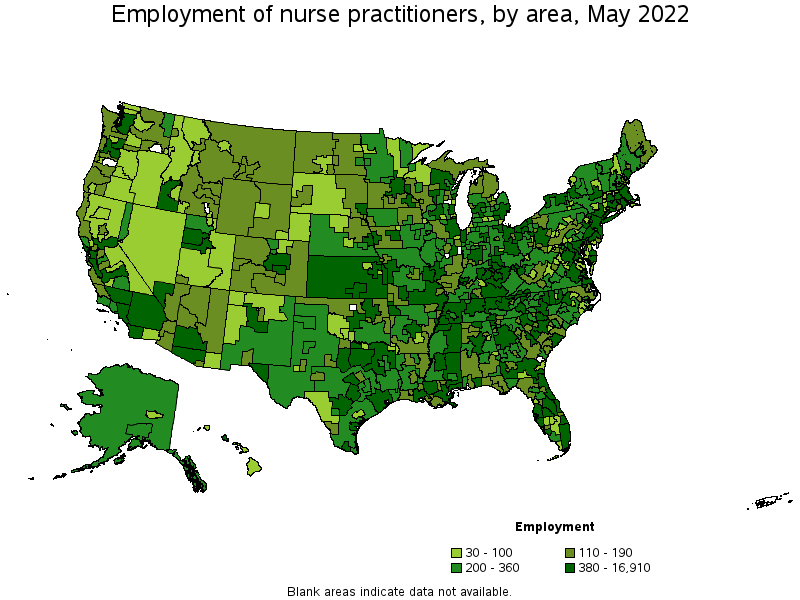 Map of employment of nurse practitioners by area, May 2022