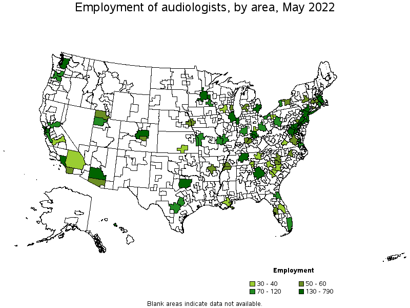 Map of employment of audiologists by area, May 2022