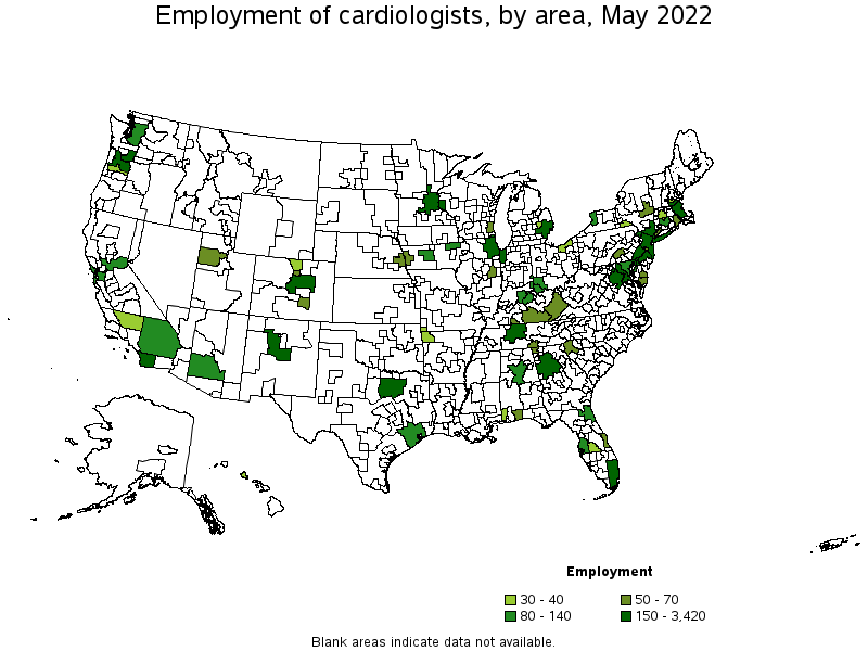 Map of employment of cardiologists by area, May 2022