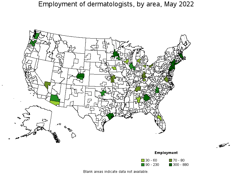 Map of employment of dermatologists by area, May 2022
