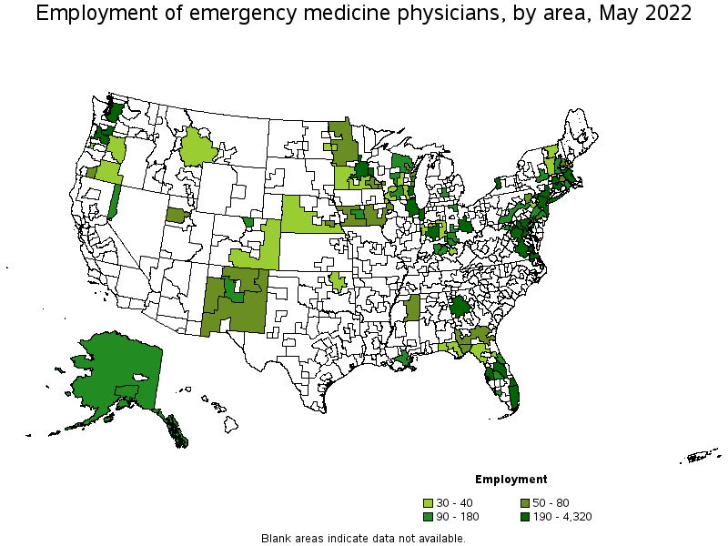 Map of employment of emergency medicine physicians by area, May 2022