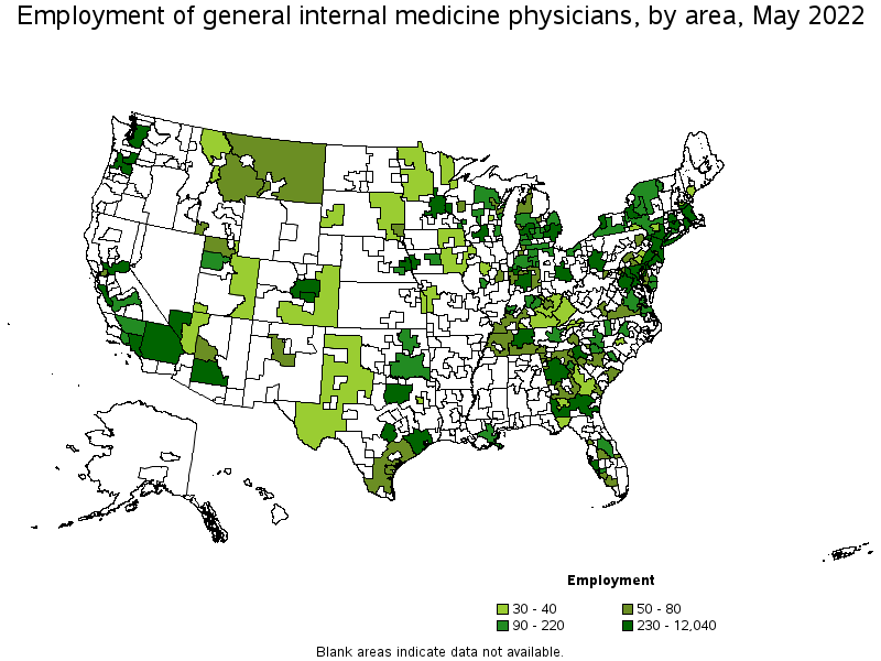 Map of employment of general internal medicine physicians by area, May 2022