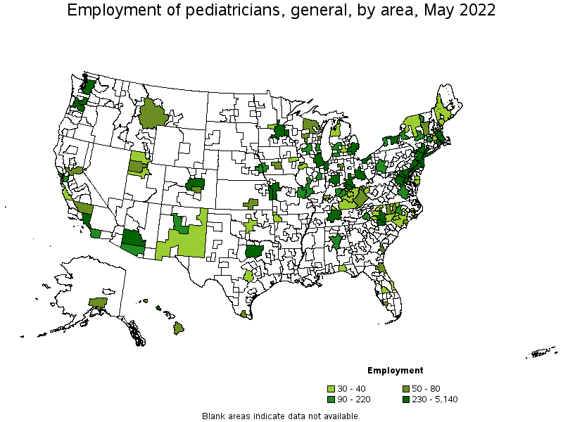 Map of employment of pediatricians, general by area, May 2022