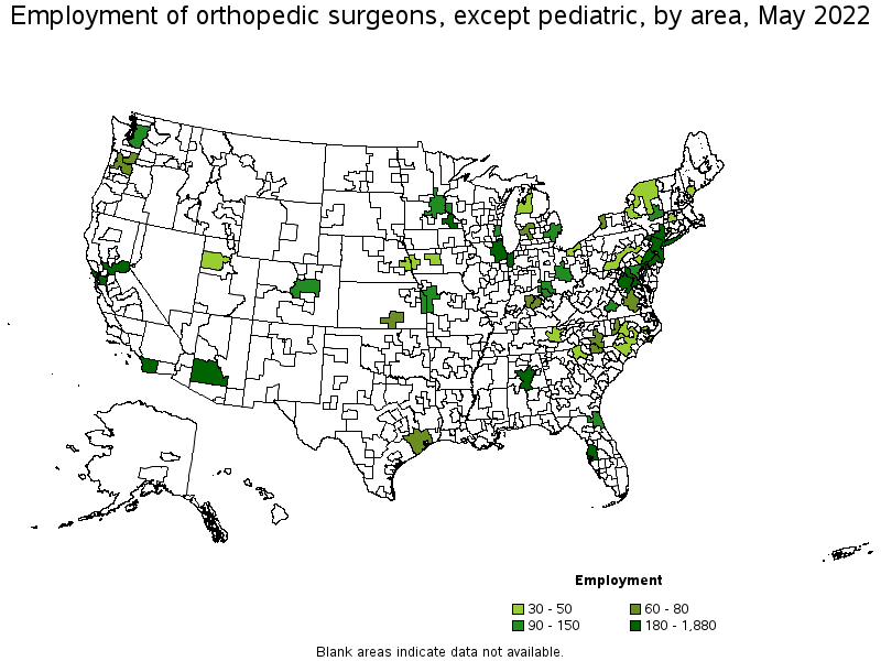 Map of employment of orthopedic surgeons, except pediatric by area, May 2022