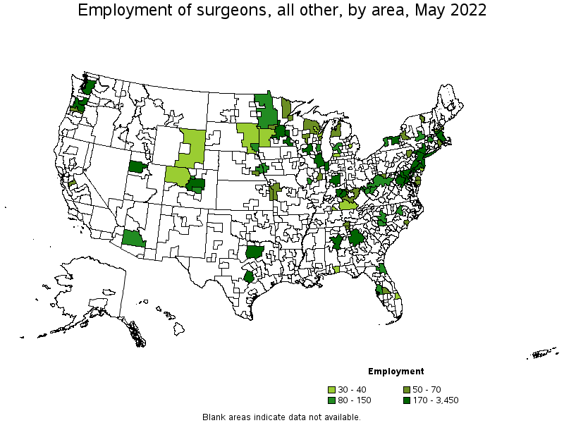 Map of employment of surgeons, all other by area, May 2022