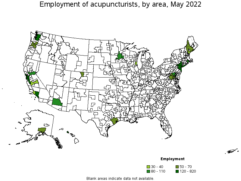 Map of employment of acupuncturists by area, May 2022