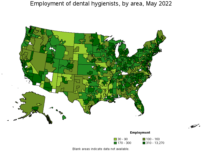 Map of employment of dental hygienists by area, May 2022