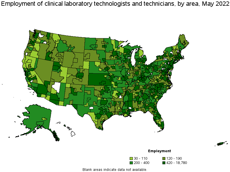 Map of employment of clinical laboratory technologists and technicians by area, May 2022