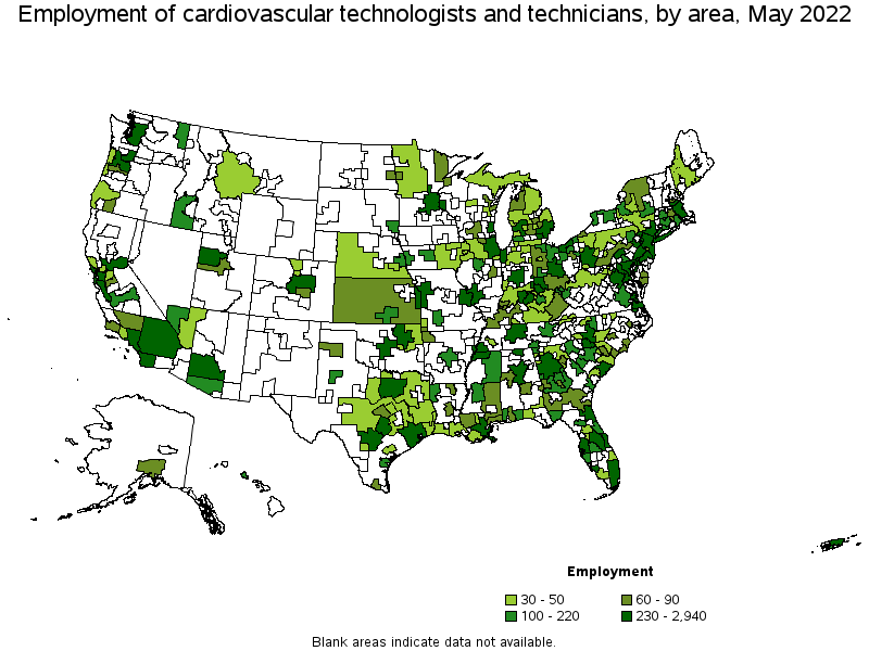 Map of employment of cardiovascular technologists and technicians by area, May 2022