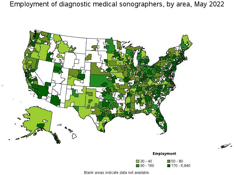 Map of employment of diagnostic medical sonographers by area, May 2022