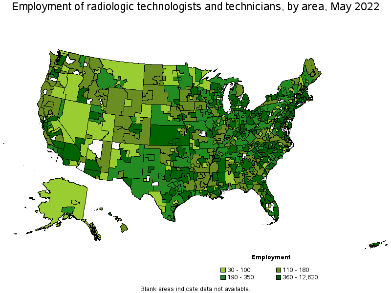 Map of employment of radiologic technologists and technicians by area, May 2022