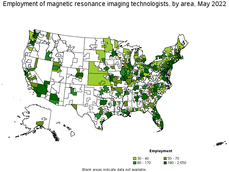 Map of employment of magnetic resonance imaging technologists by area, May 2022